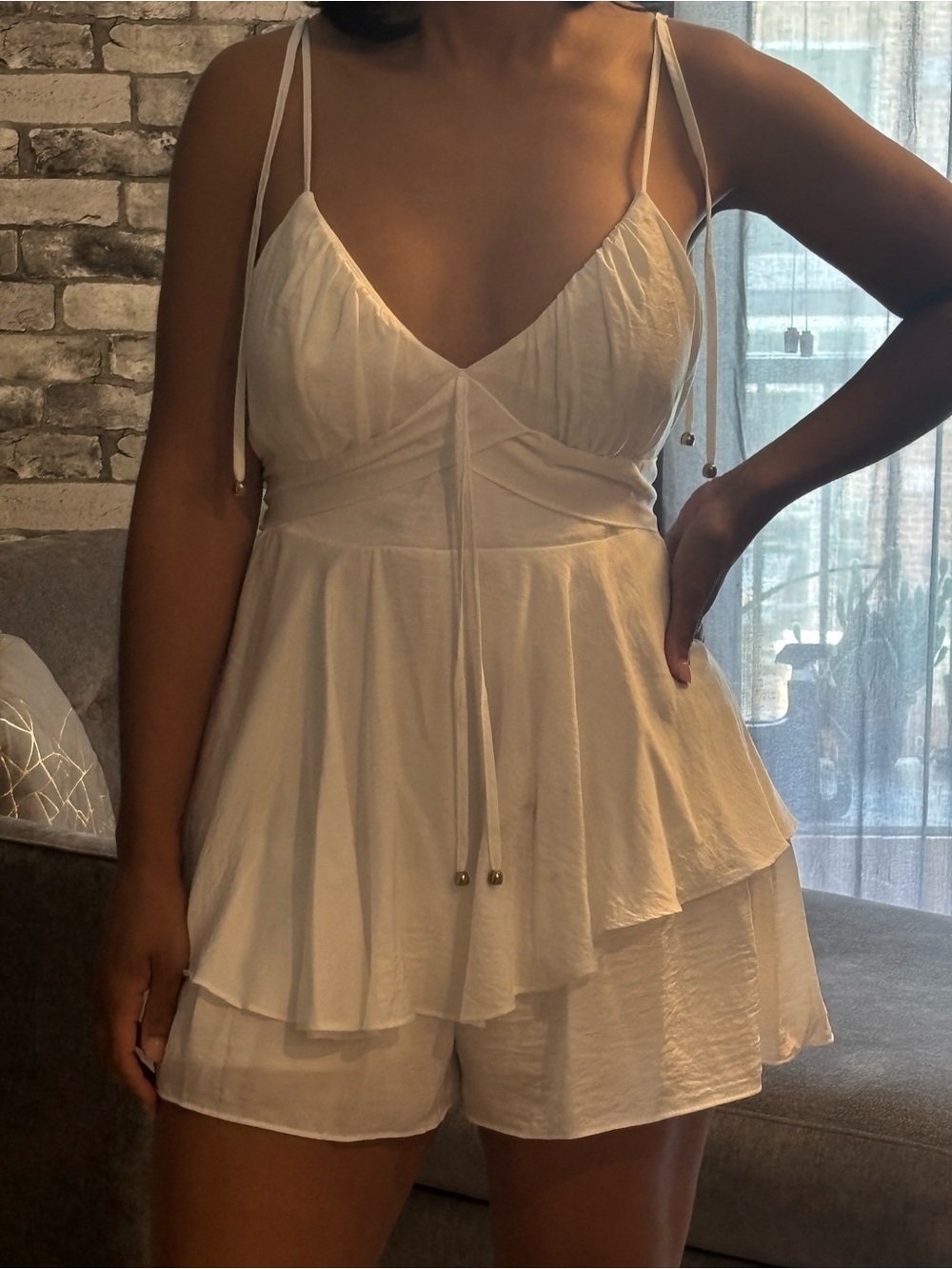 Ivory Tiered Romper with Tie-Strap V-Neck
